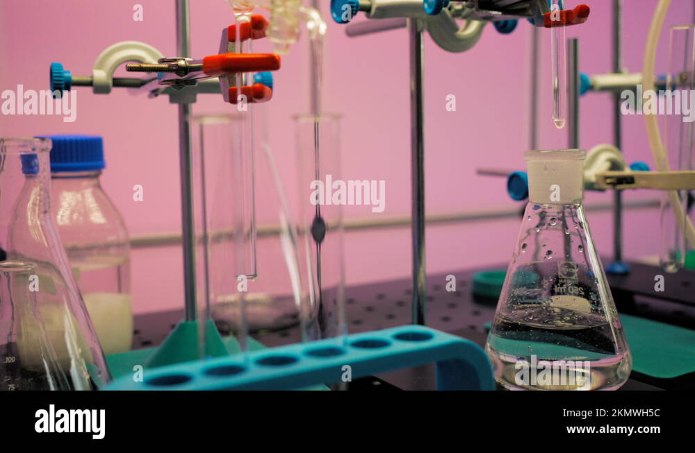 Chemical laboratory with flasks and test tubes. Chemical process with