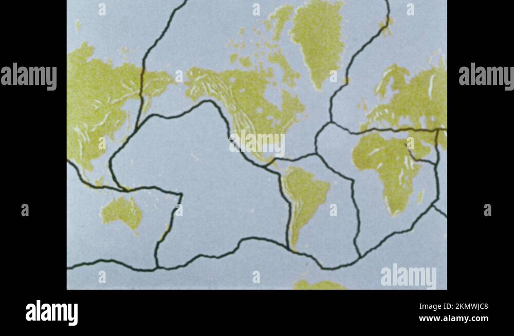 1970s Map of Earth with lines representing plates on Earth's crust
