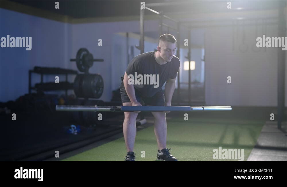 Fitness man train swiss bar row weightlifting exercise 4K Stock Video