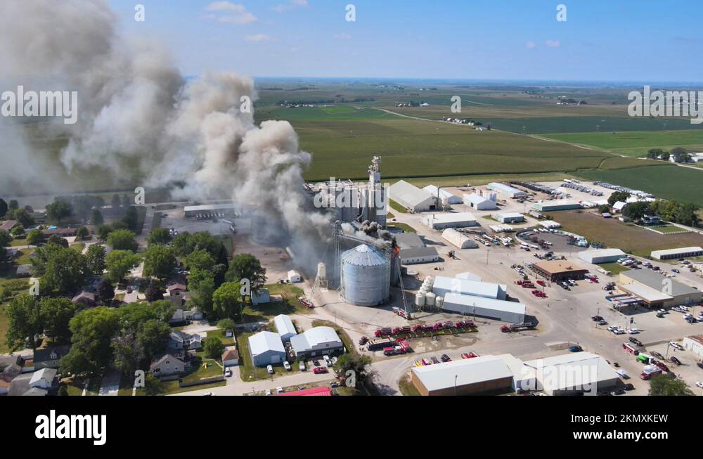 2021 Aerial over an industrial fire in a grain silo storage facility