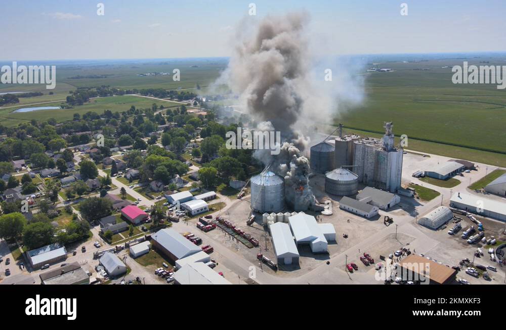 2021 Aerial over an industrial fire in a grain silo storage facility