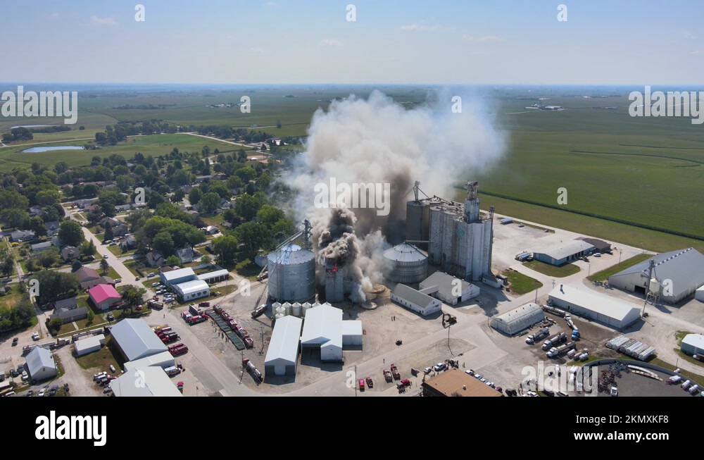 2021 Aerial over an industrial fire in a grain silo storage facility