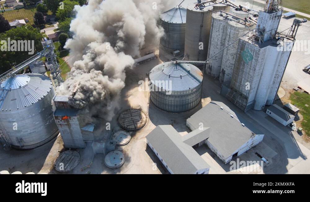 2021 Aerial over an industrial fire in a grain silo storage facility