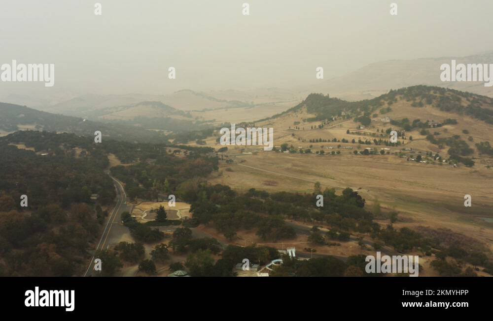 Drone aerial of the Rogue Valley in Southern Oregon covered in smoke