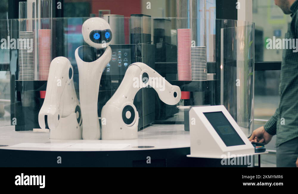 Futuristic robot, innovative technology concept. Coffeeserving robot