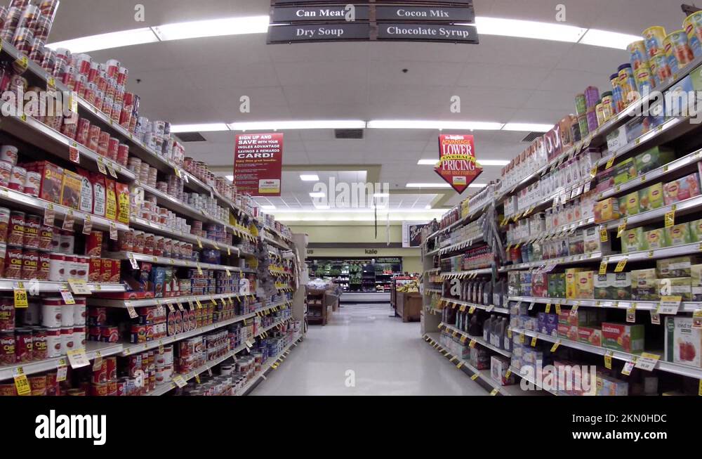 Ingles retail grocery store interior can aisle and produce Stock Video