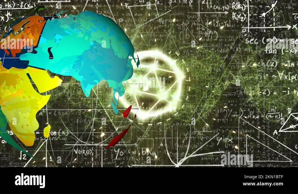 Animation of globe, lights, shapes and math formulas on black ...