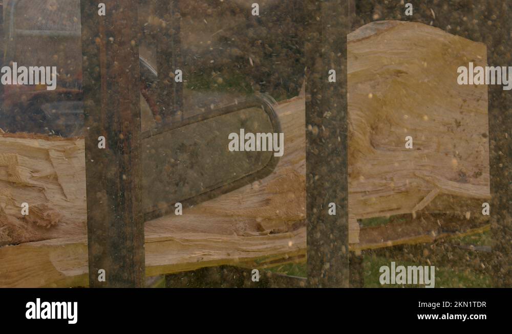 Cutting through wood with chainsaw Stock Video Footage Alamy