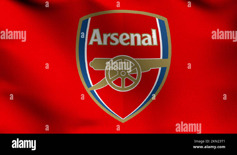 Arsenal flag blowing in the wind. Emblem of Football Club FC Premier