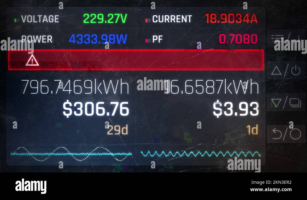 Electricity meter with broken screen showing warning message, power