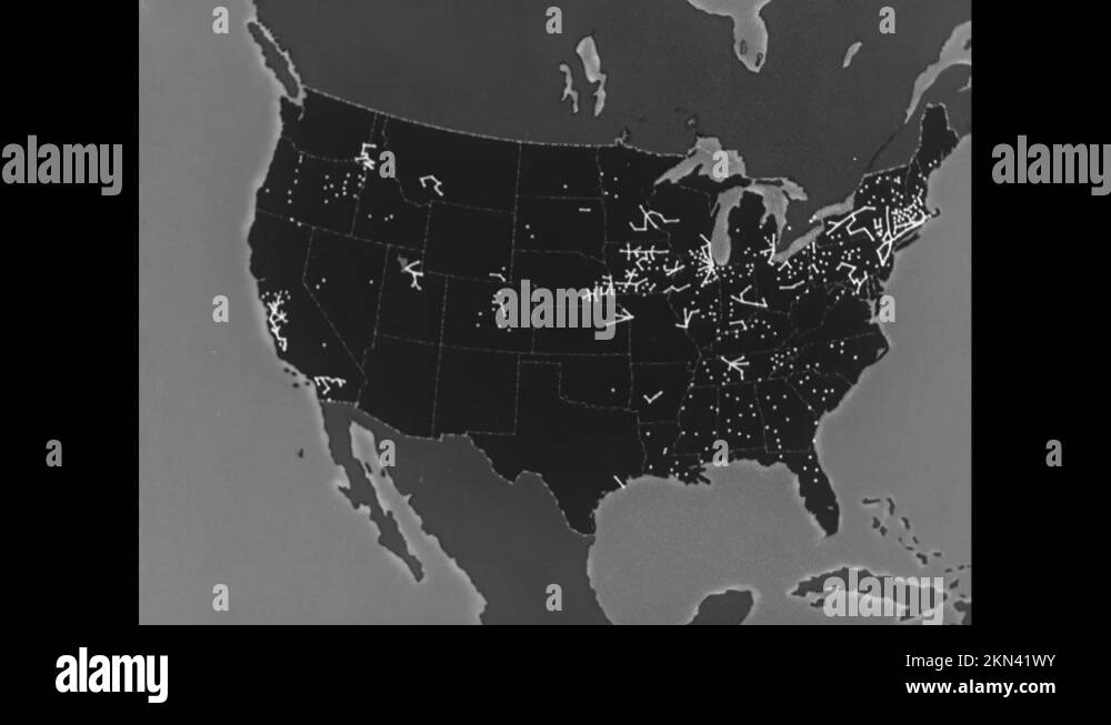 1940s Lines connect dots across map of the United States. Animated