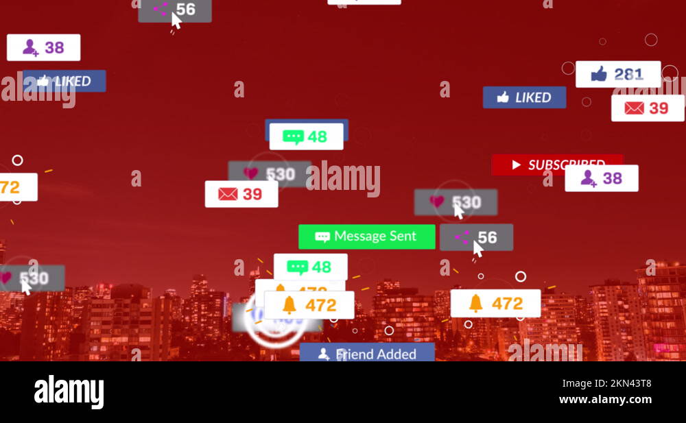 Animation of falling social media icons and emojis over cityscape Stock ...