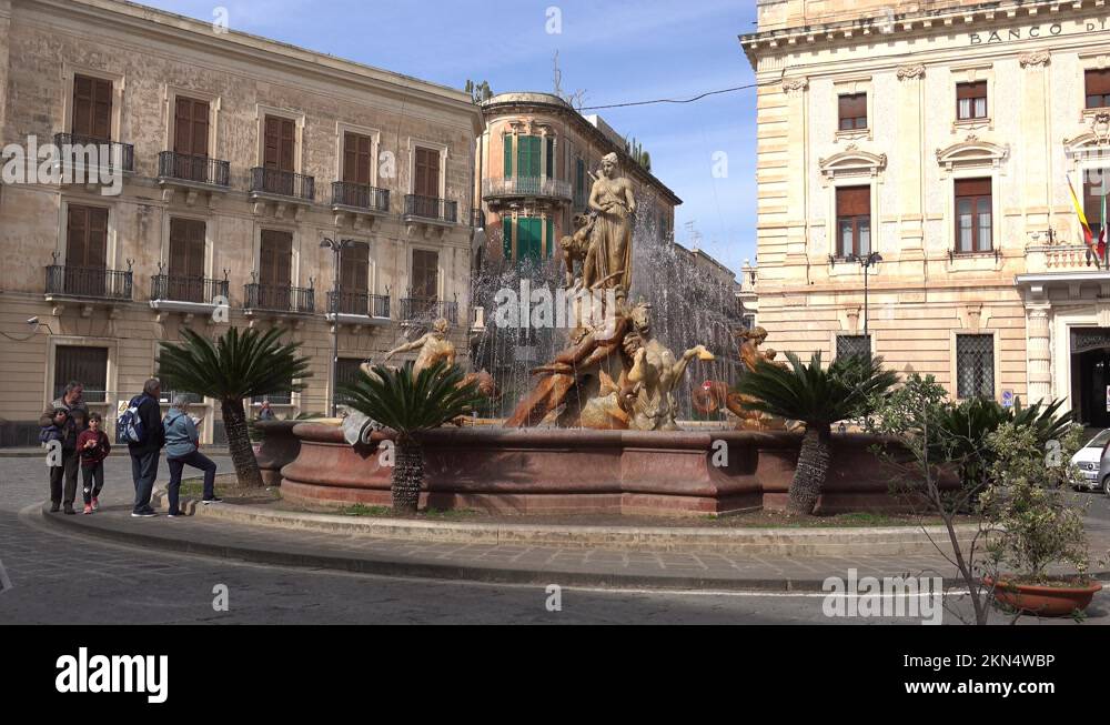Famous Fontana di Diana (Fountain of Diana) at the town square with a