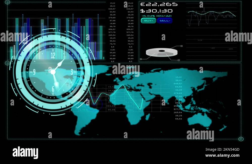 Animation of clock moving fast and data processing with world map on ...