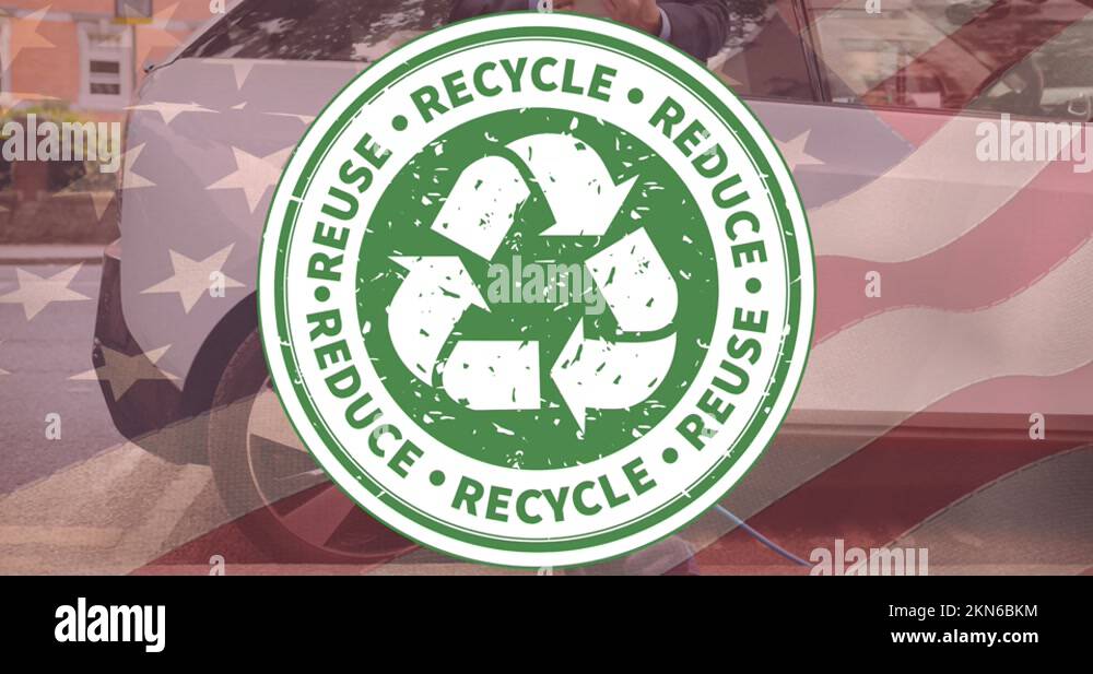 Reduce reuse recycle text over flag of united states and man charging ...