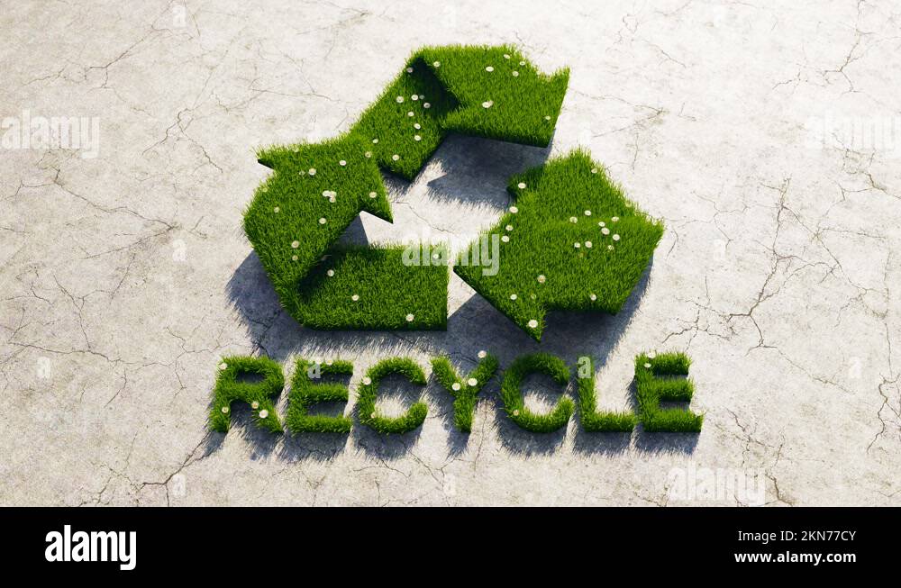 Green grass shaped in 3D recycle icon. Recycling sign with arrows ...