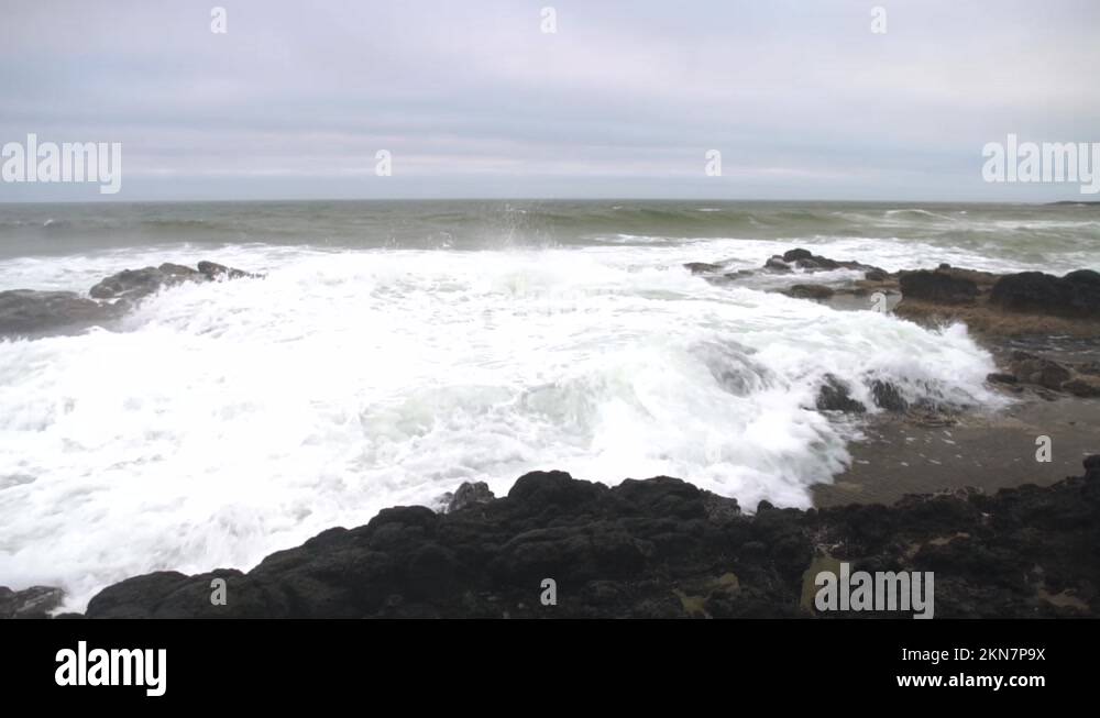 The magnificent Thors Well during a rough and stormy sea at high tide