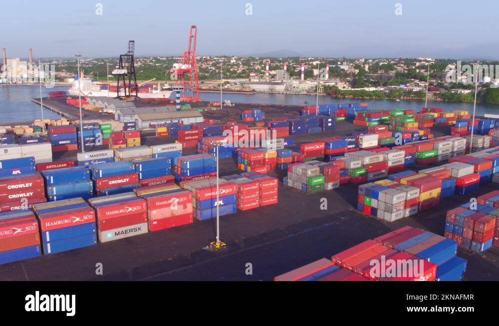 Haina port in Dominican Republic with shipping containers stacked up and Stock Video Footage Alamy