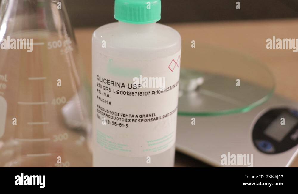 Chemical laboratory things and instruments. Glycerin, Erlenmeyer flask