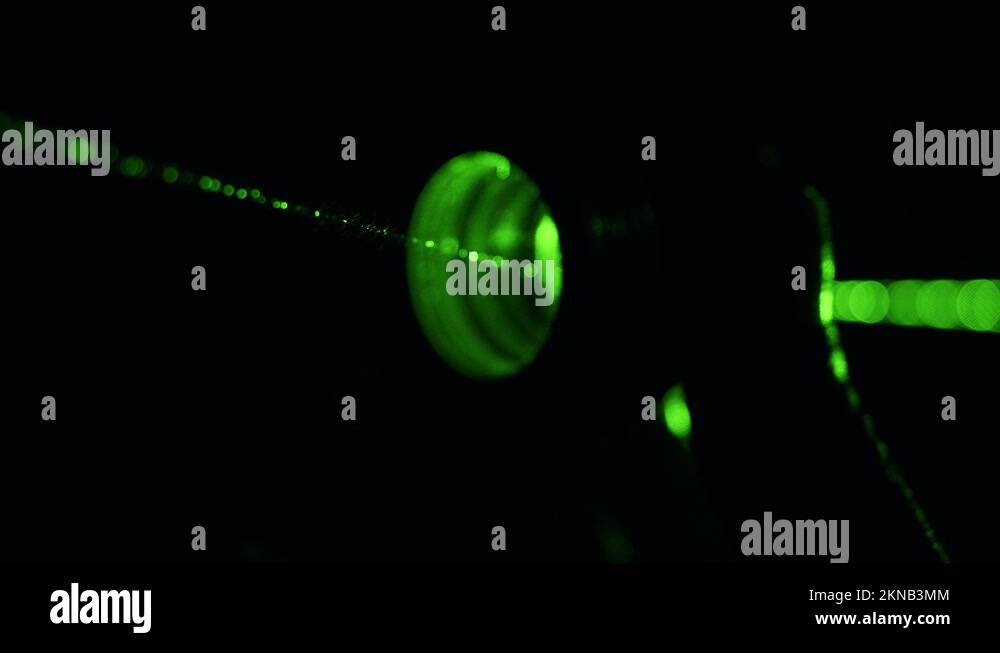 Dust particles in green laser light beam and lens focal point Stock ...
