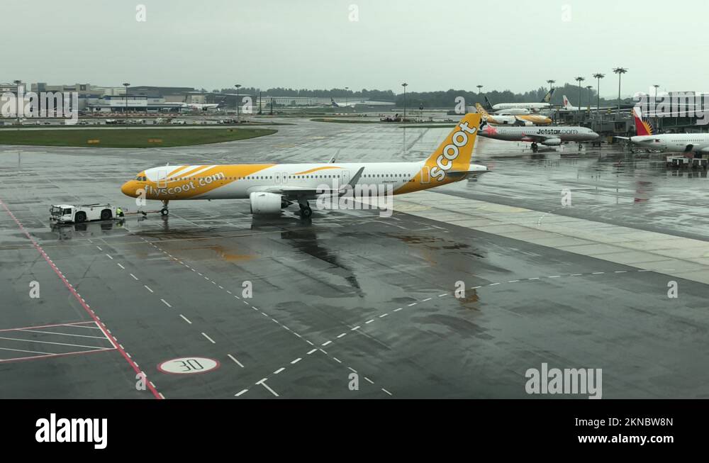 Singapore Scoot Airlines passenger jet pushback at Changi Airport., 4K