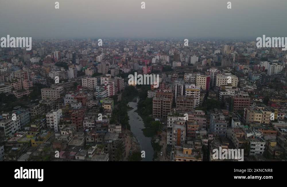 Smoggy air pollution hanging over Dhaka skyline, Bangladesh, drone view
