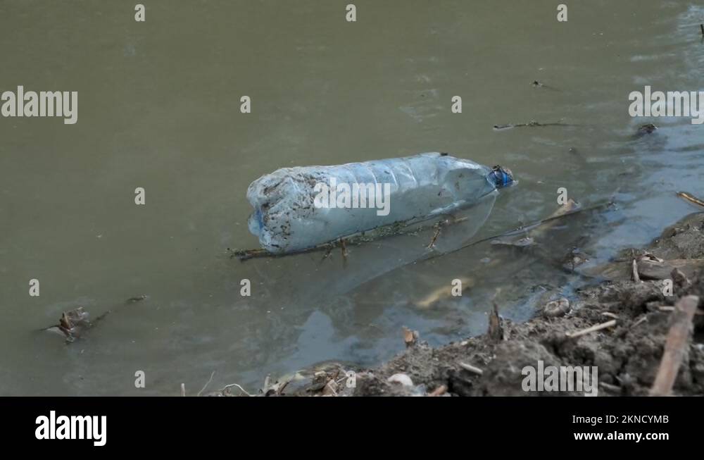 Plastic bottles floats on current in the coastal area in the delta
