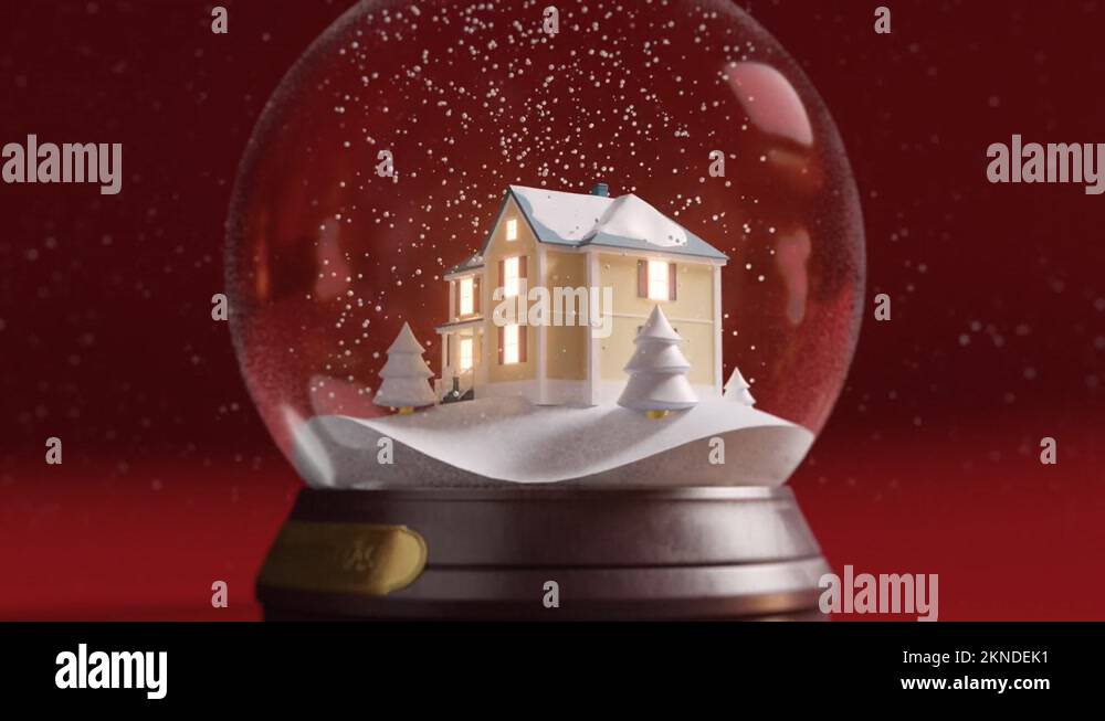 House with glowing light in windows, Christmas trees, glass snow globe