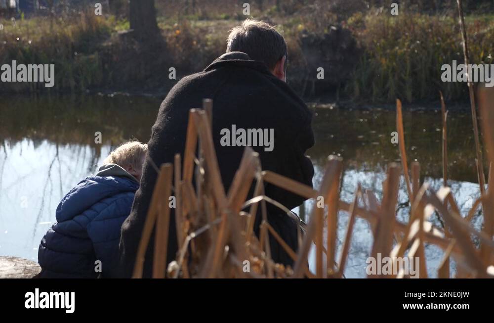 Fisherman Fishing Rod Fisher Father And Child Kid Rest Near Lake Pond 