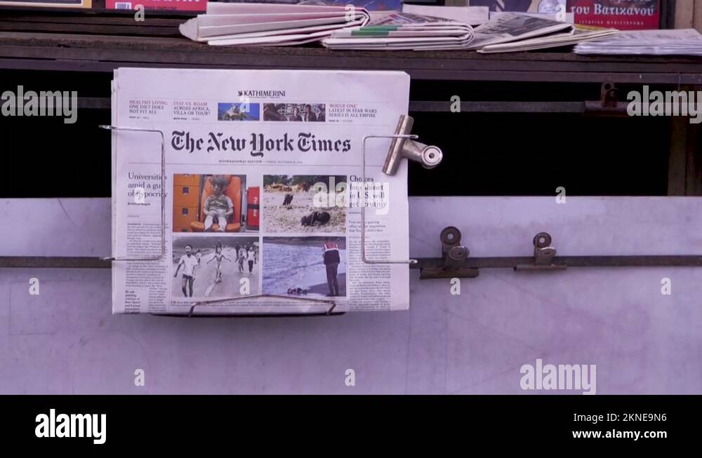 The New York Times on display at a newspaper stand in Athens, Greece