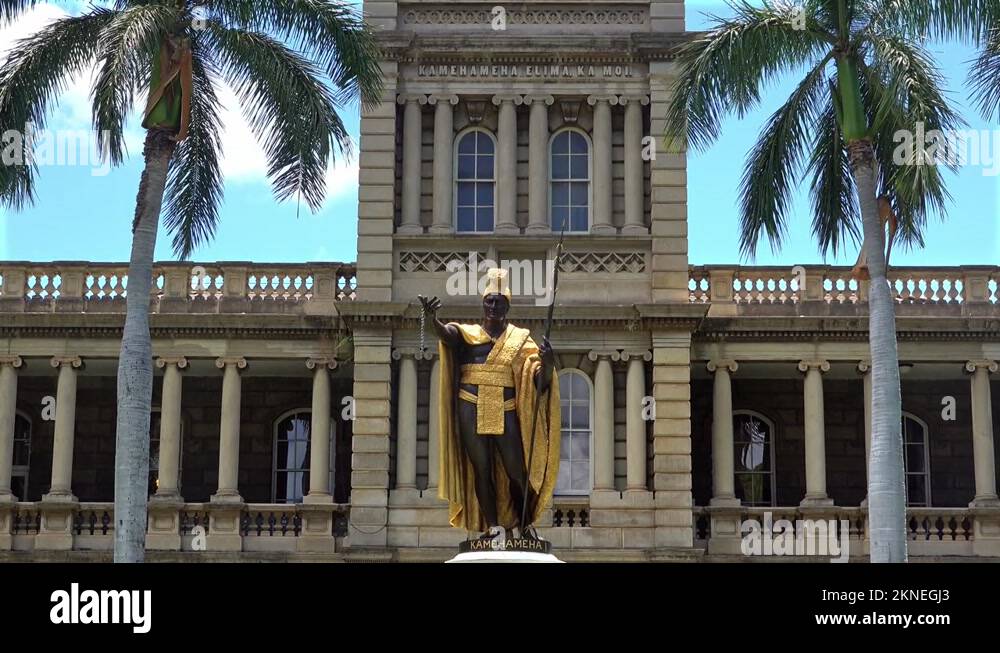 The King Kamehameha Statue in front of building in downtown Honolulu