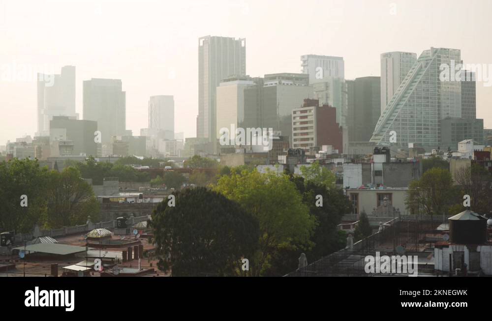 Mexico City skyline with traditional rooftops and skyscrapers of Paseo