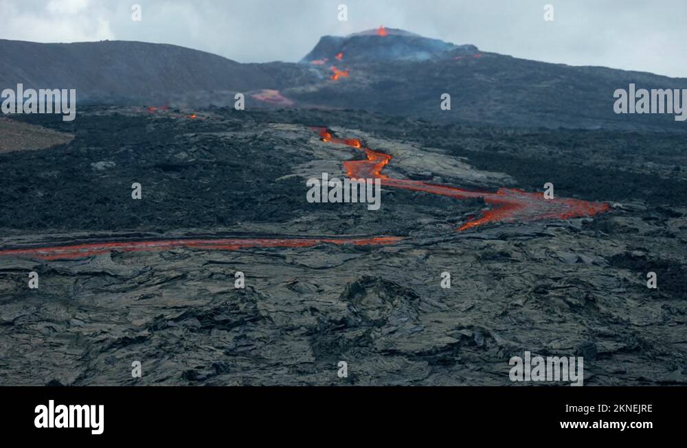 Fagradalsfjall Volcano Lava Flow During Volcanic Eruption - aerial ...