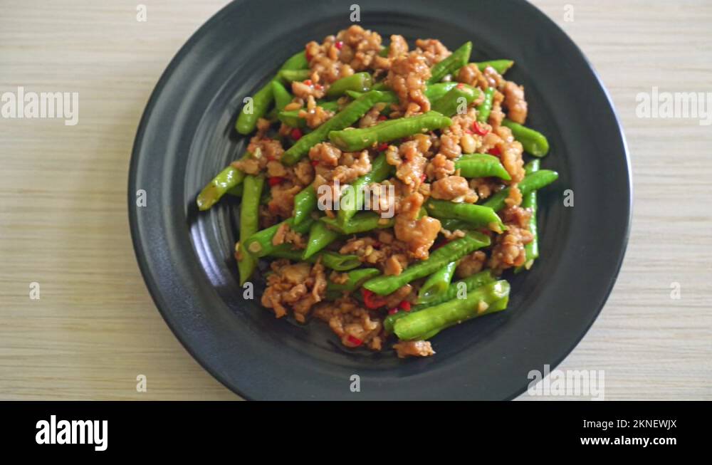 stirfried french bean or green bean with minced pork Asian food