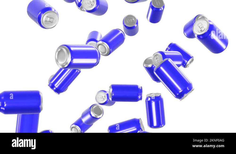 Blue aluminum drink cans falling from the top looping 3D animation with alpha Stock Video