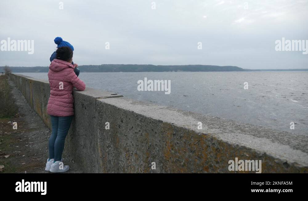 Mother Show Tell Explain Child Boy About Water Reservoir Standing on