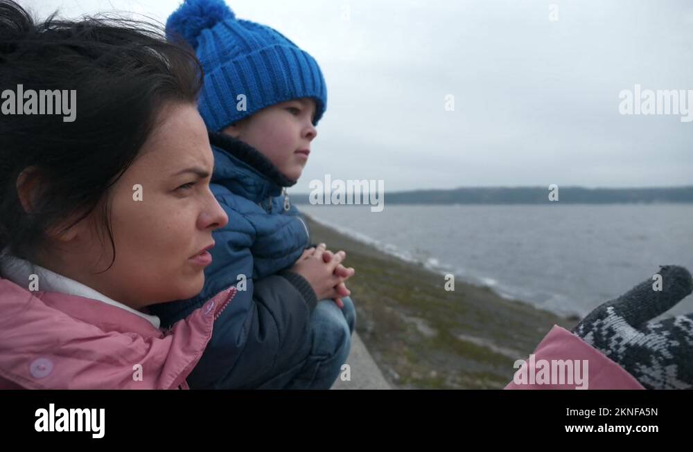 Mother Show Tell Explain Child Boy About Water Reservoir Standing on