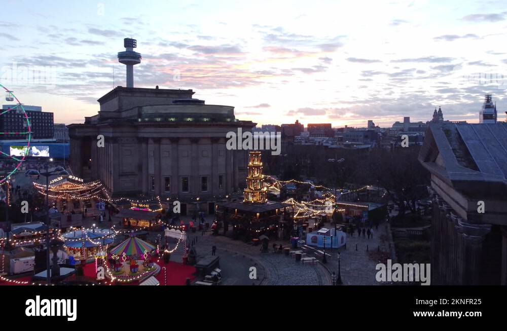 Liverpool city Christmas market 2021 winter attraction aerial view pan