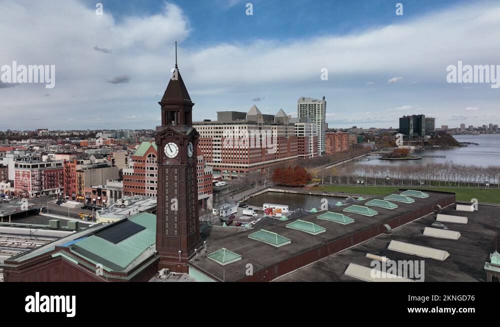 flying past Lackawanna tower towards downtown Hoboken NJ Stock Video ...