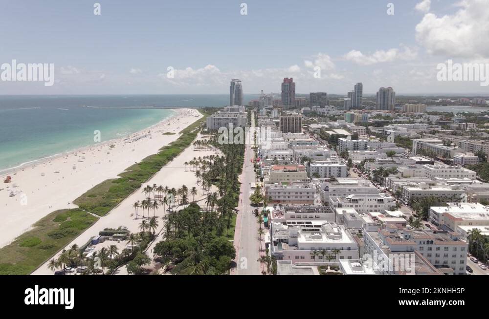South Beach Miami aerial flyover of deserted Muscle Beach section Stock