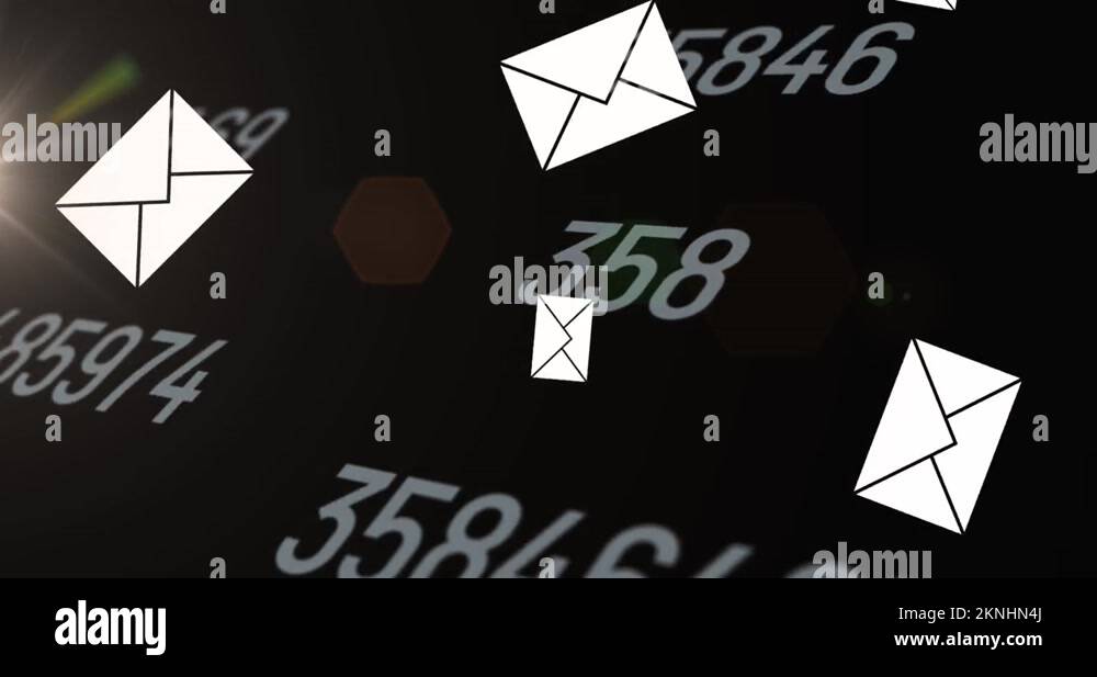 Animation of floating emails over changing numbers on black background