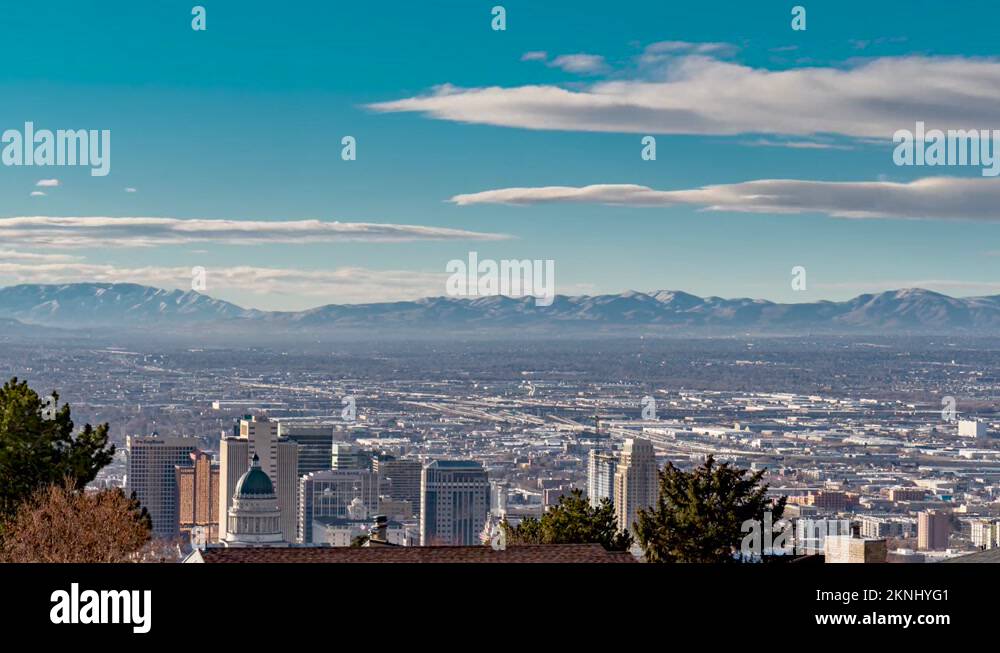 The Salt Lake City valley and skyline with the Wasatch Mountain range