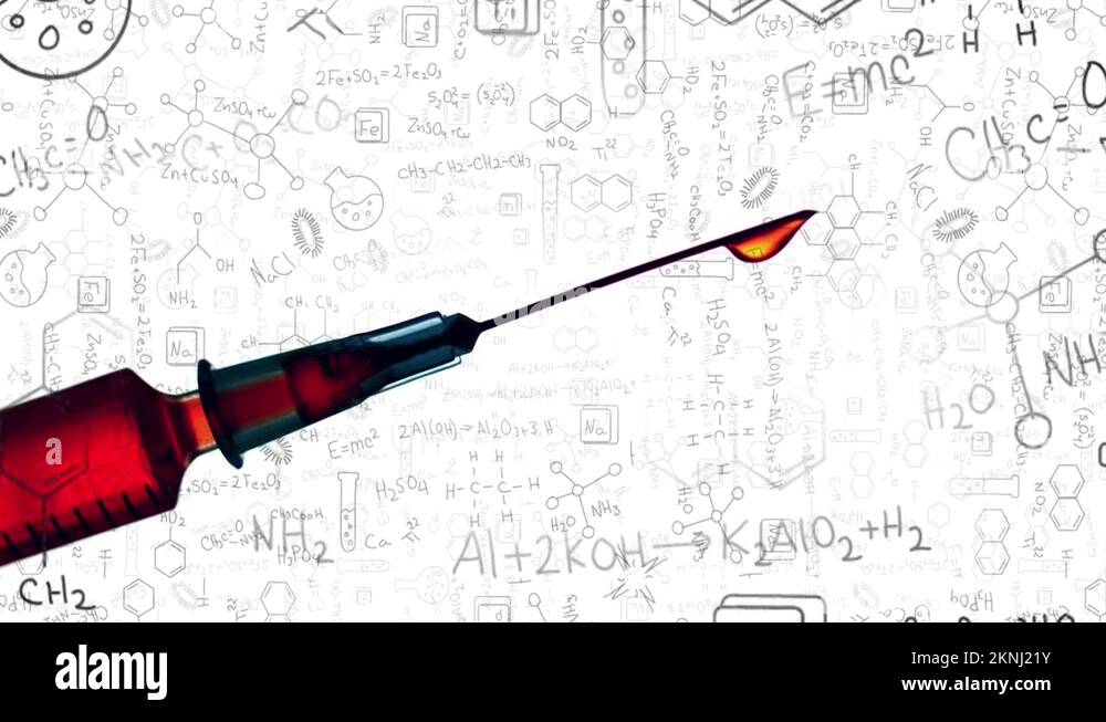 Animation of syringe over chemical formulas on white background Stock