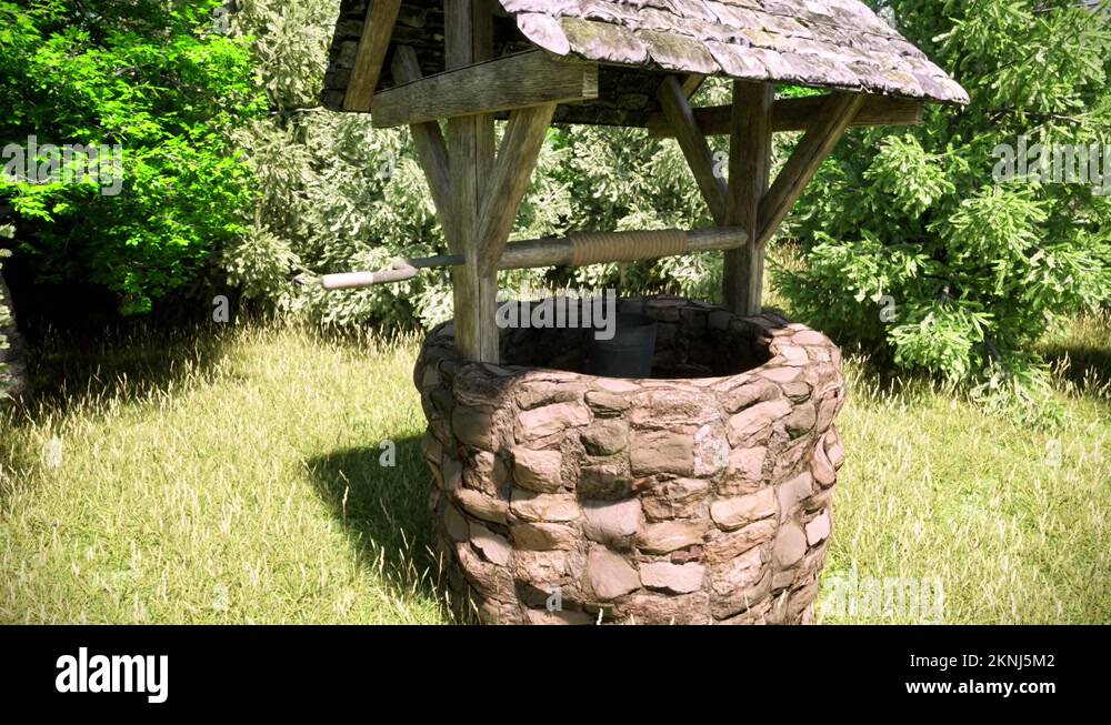 A close-up view of an old stone wishing well in the middle of a green