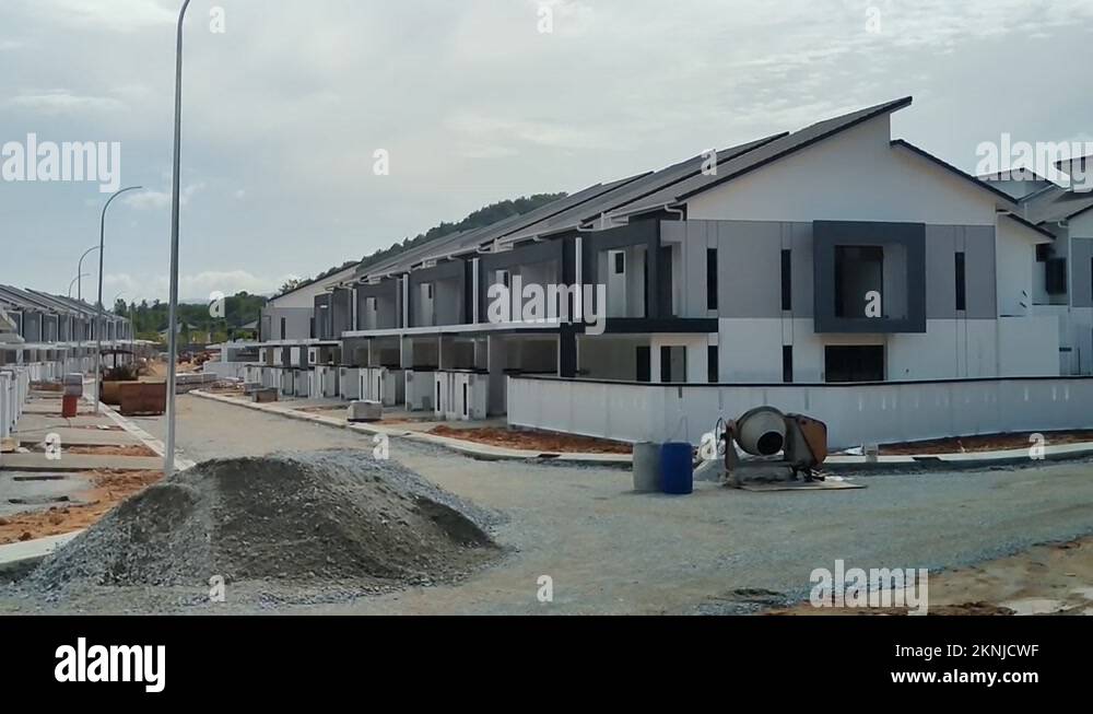 A luxury twostory terrace house is under construction. Progress is