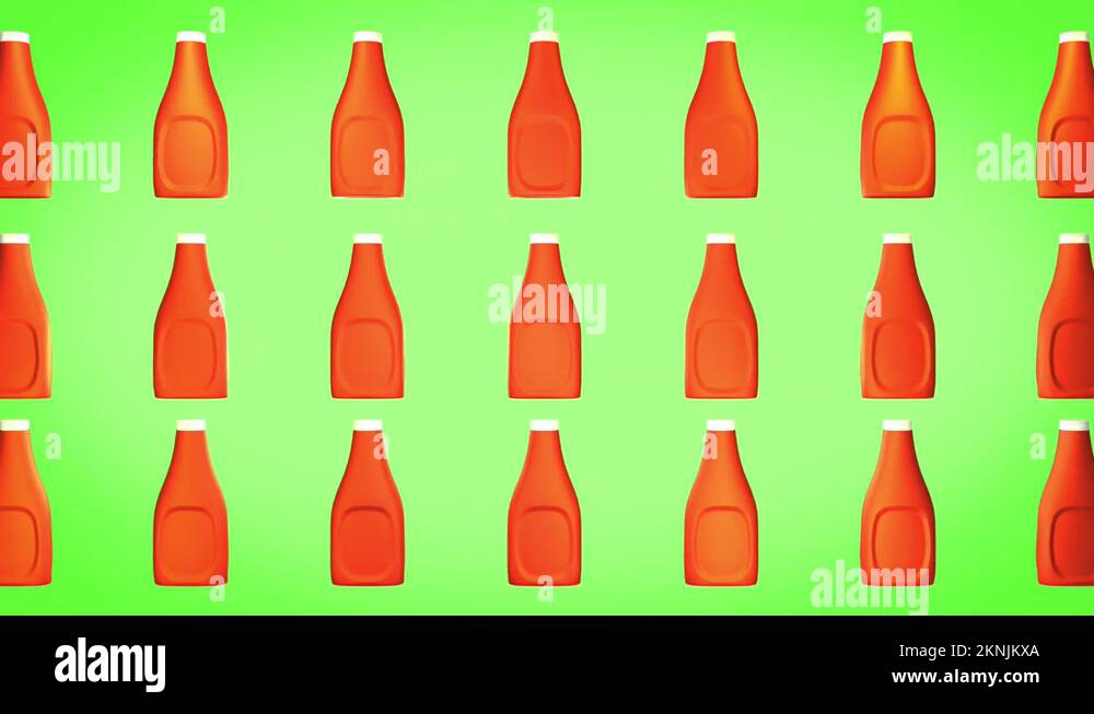 Fast food tomato ketchup bottles are sliding through the vivid