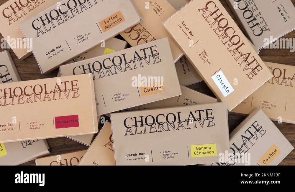 Top view of many organic vegan healthy chocolate alternative carob bars