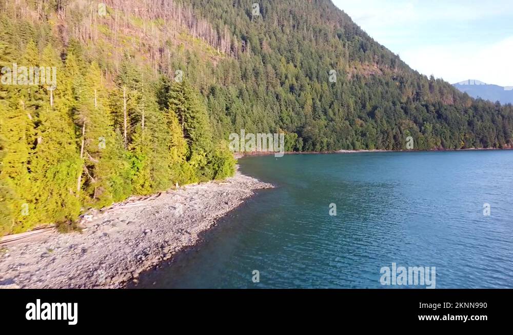 Flyover Harrison Lake Beachfront with a pan right view of Harrison Lake