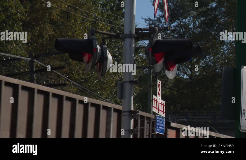 cargo train crosses the tracks and activates rail crossing signals Stock Video Footage Alamy
