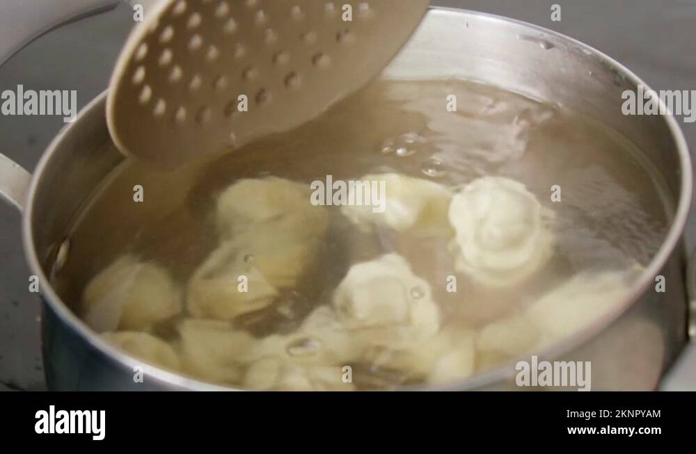 Process of cooking homemade dumplings. Meat dumplings in boiling water